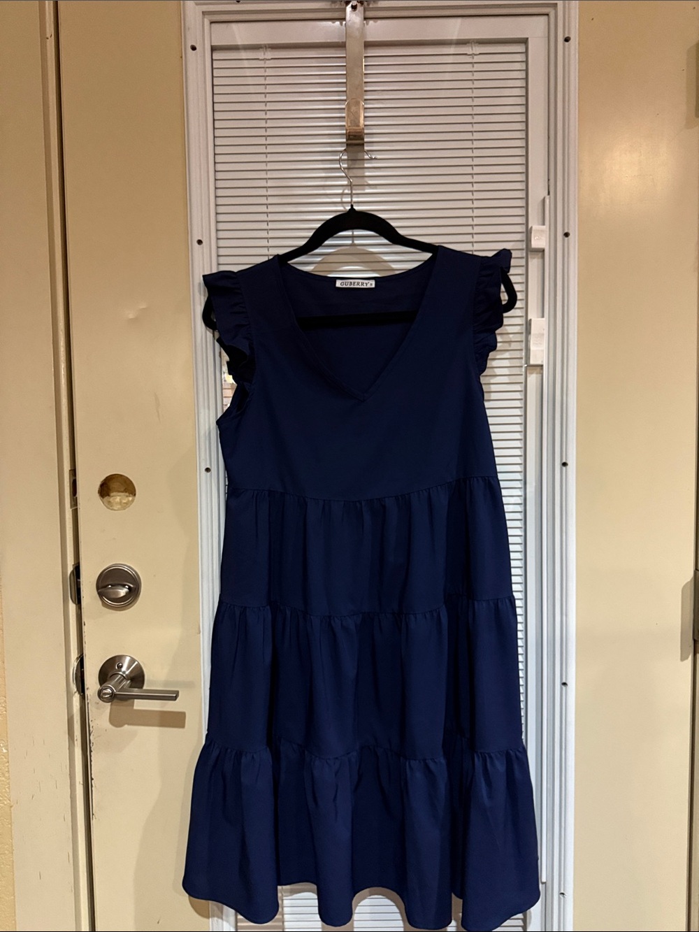 Tiered V-Neck Midi Dress with Ruffle Cap Sleeves - Navy